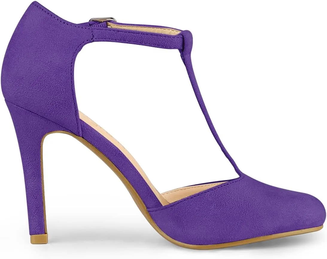 Allegra K Women's Rounded Toe Stiletto Heel T-Strap Dress Pumps