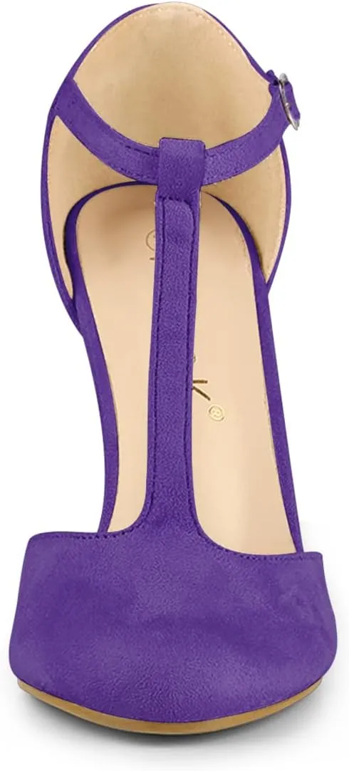 Allegra K Women's Rounded Toe Stiletto Heel T-Strap Dress Pumps