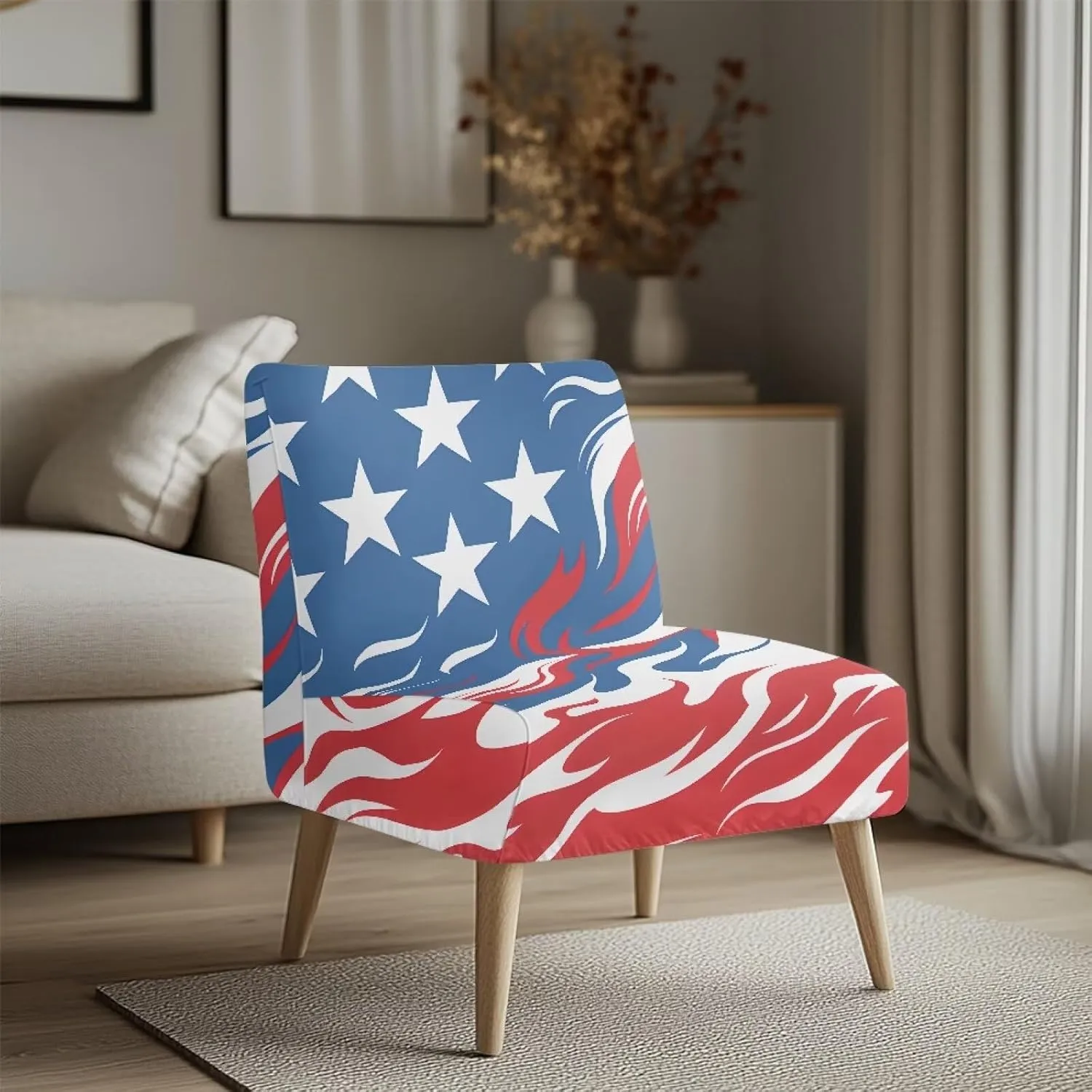 American Flag and Flame Armless Accent Chair Slipcovers Slipper Chair Stretch Spandex Removable for Armless Chair Patriotism Furniture Protector Cover for Living Dining Room