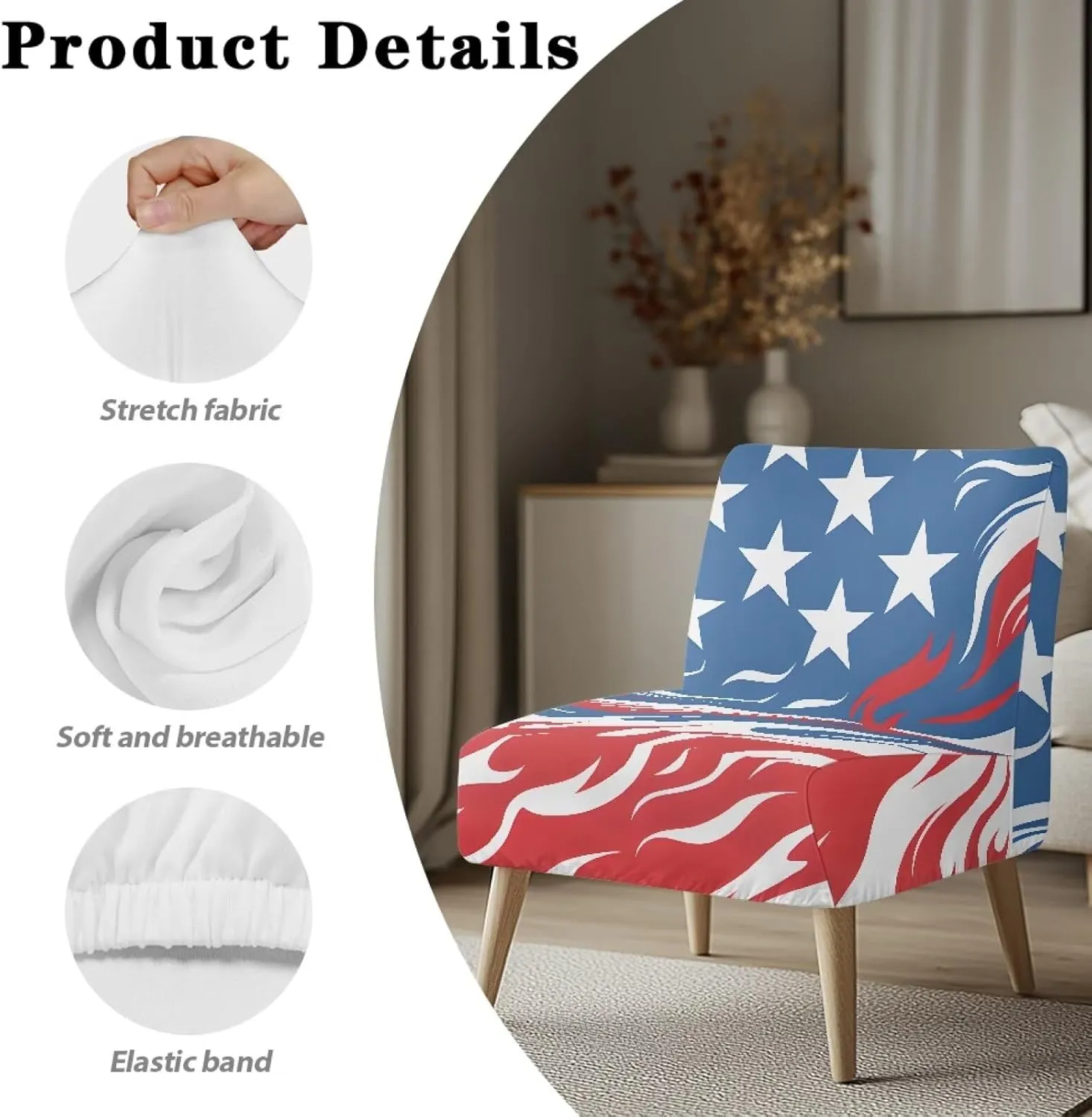 American Flag and Flame Armless Accent Chair Slipcovers Slipper Chair Stretch Spandex Removable for Armless Chair Patriotism Furniture Protector Cover for Living Dining Room