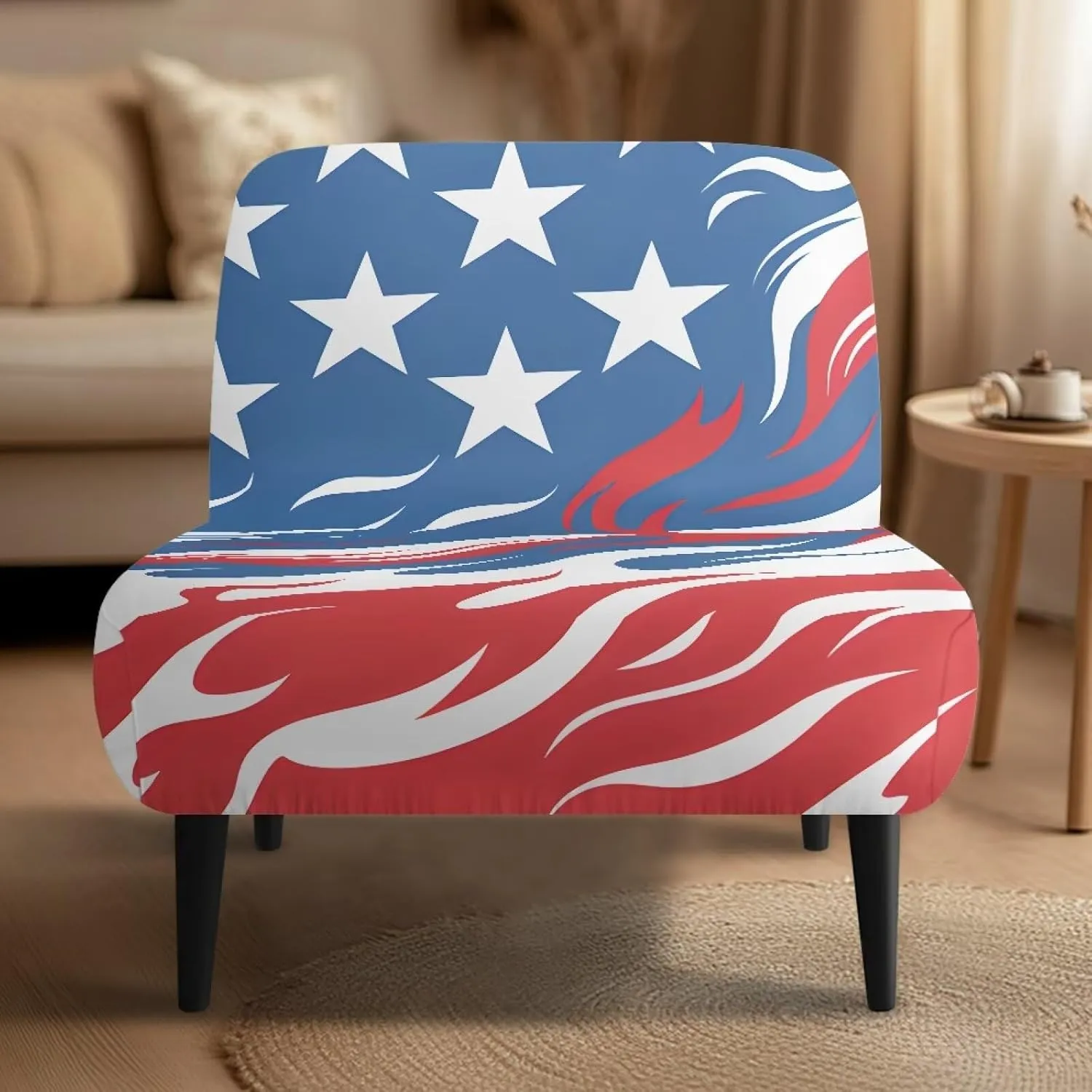American Flag and Flame Armless Accent Chair Slipcovers Slipper Chair Stretch Spandex Removable for Armless Chair Patriotism Furniture Protector Cover for Living Dining Room