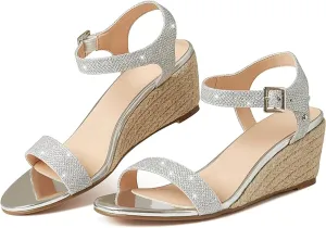 AMINUGAL Wedge Sandals for Women Cute Comfort Glitter Summer Sandals Fashion Dressy Espadrille Womens Sandals Casual Outdoor Low Heel Strappy Womens Dress Sandals