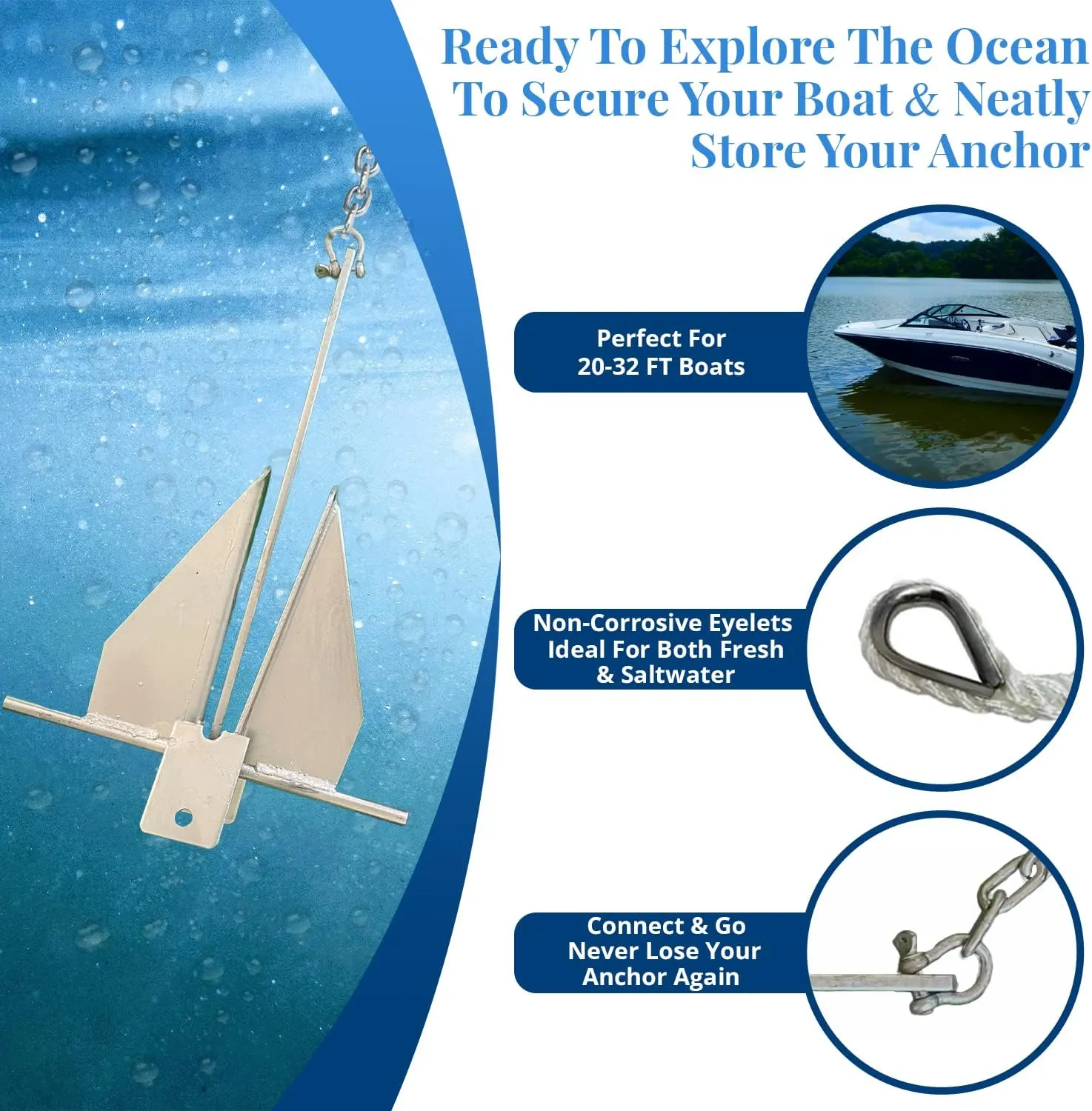 Anchor-Man Premium Boat Anchor Kit, Fluke Style Small Boat Anchor Kit, Includes Sea Anchor Chain, Anchor Rope & Free Anchor Storage Bag