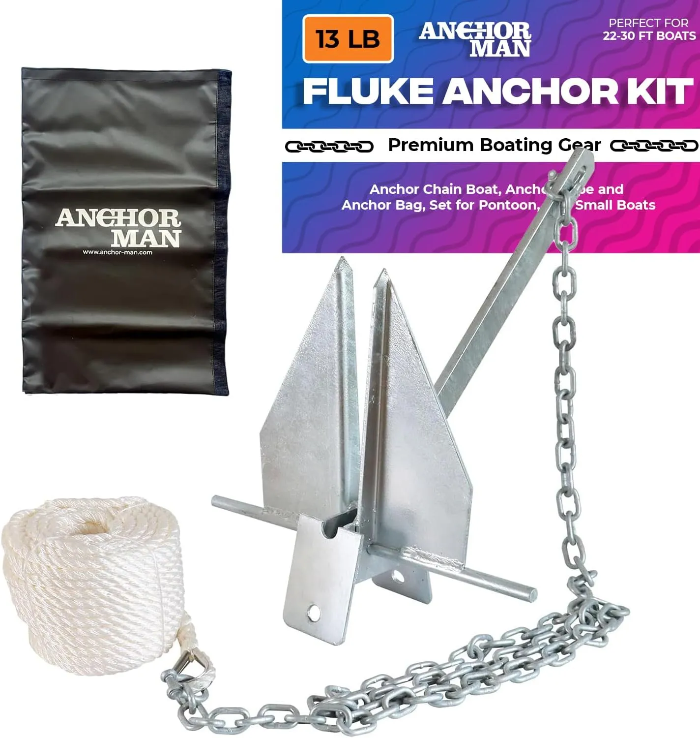 Anchor-Man Premium Boat Anchor Kit, Fluke Style Small Boat Anchor Kit, Includes Sea Anchor Chain, Anchor Rope & Free Anchor Storage Bag
