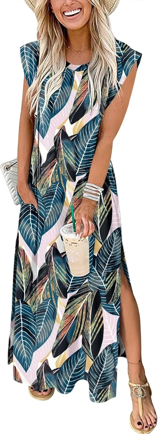 ANRABESS Womens Maxi Dresses 2025 Summer Casual Cap Sleeve Crew Neck Loose Split Beach Travel Long Shirt Sundress & Pockets