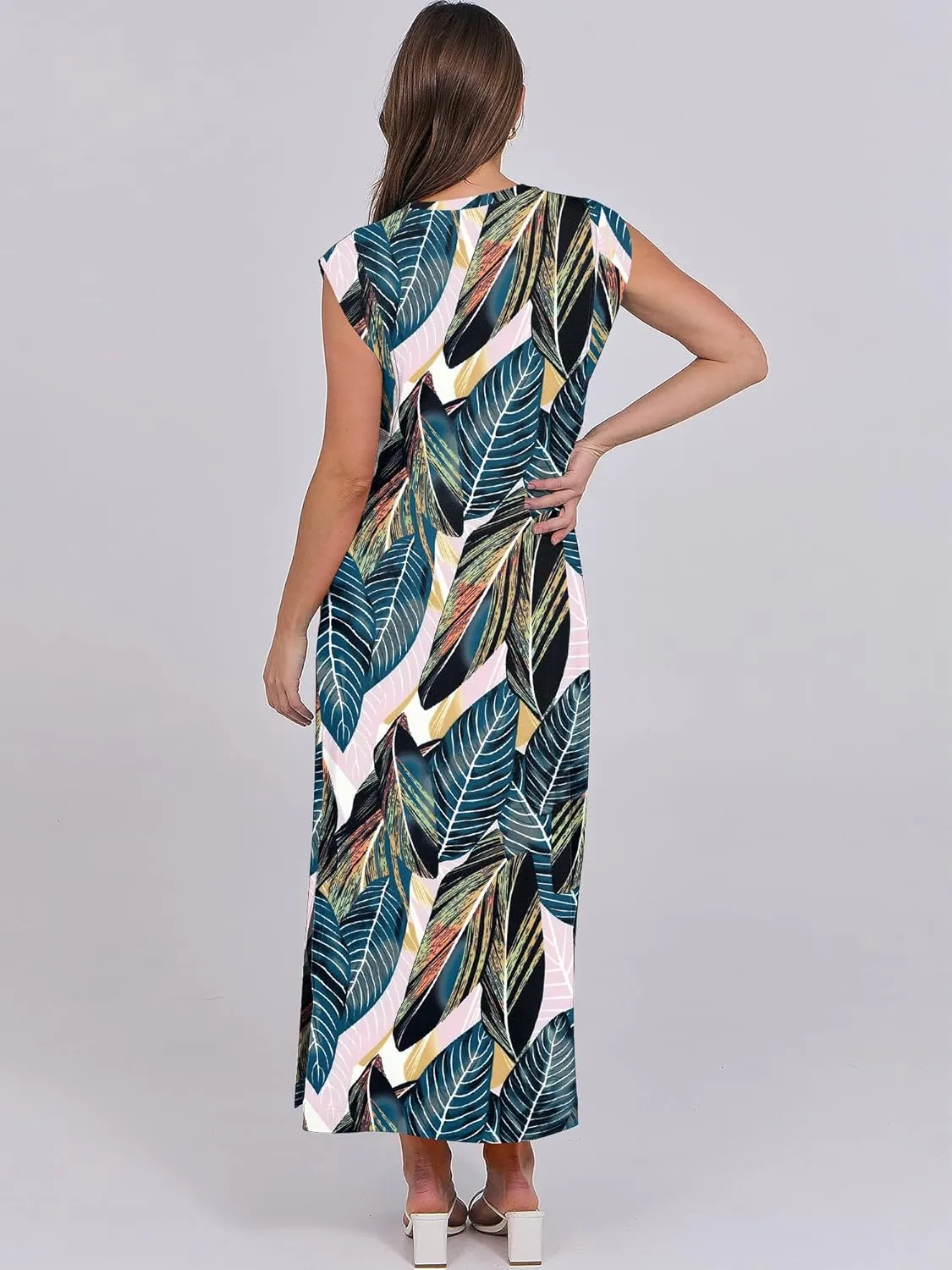ANRABESS Womens Maxi Dresses 2025 Summer Casual Cap Sleeve Crew Neck Loose Split Beach Travel Long Shirt Sundress & Pockets