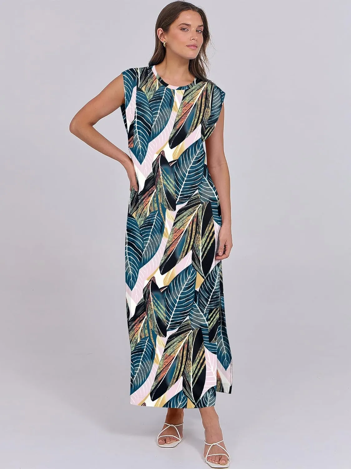 ANRABESS Womens Maxi Dresses 2025 Summer Casual Cap Sleeve Crew Neck Loose Split Beach Travel Long Shirt Sundress & Pockets