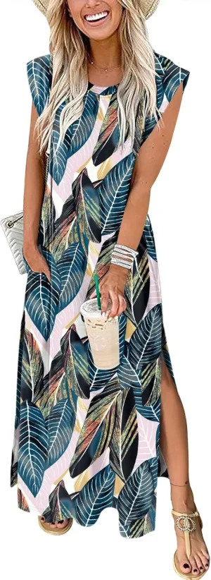 ANRABESS Womens Maxi Dresses 2025 Summer Casual Cap Sleeve Crew Neck Loose Split Beach Travel Long Shirt Sundress & Pockets