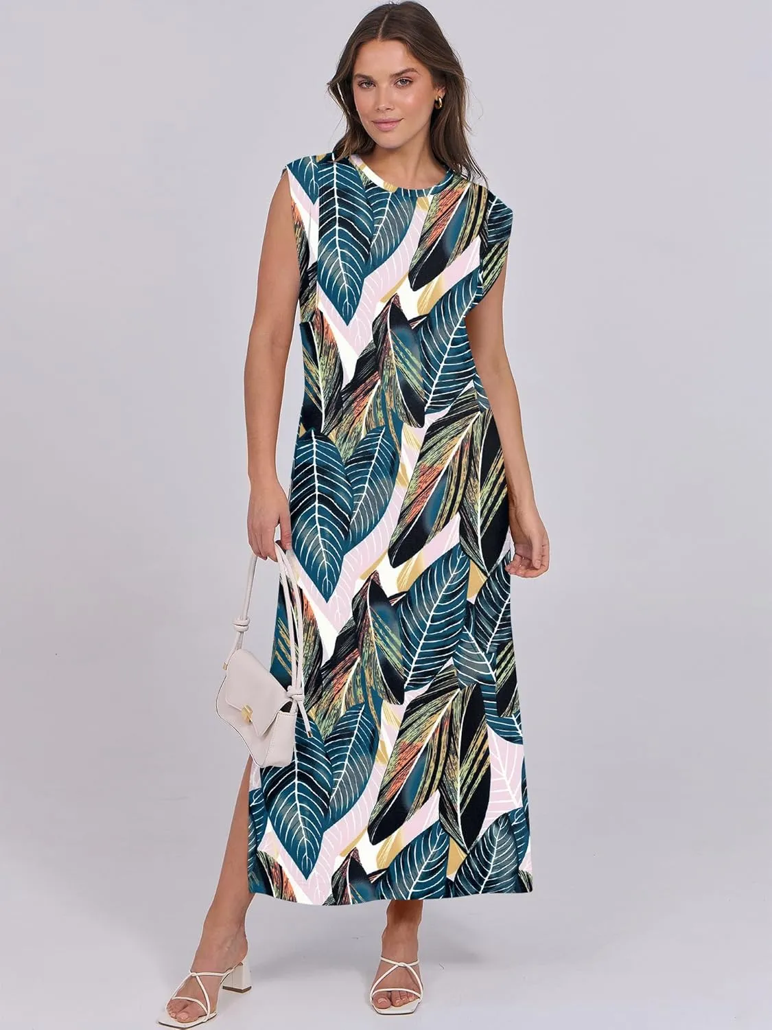 ANRABESS Womens Maxi Dresses 2025 Summer Casual Cap Sleeve Crew Neck Loose Split Beach Travel Long Shirt Sundress & Pockets