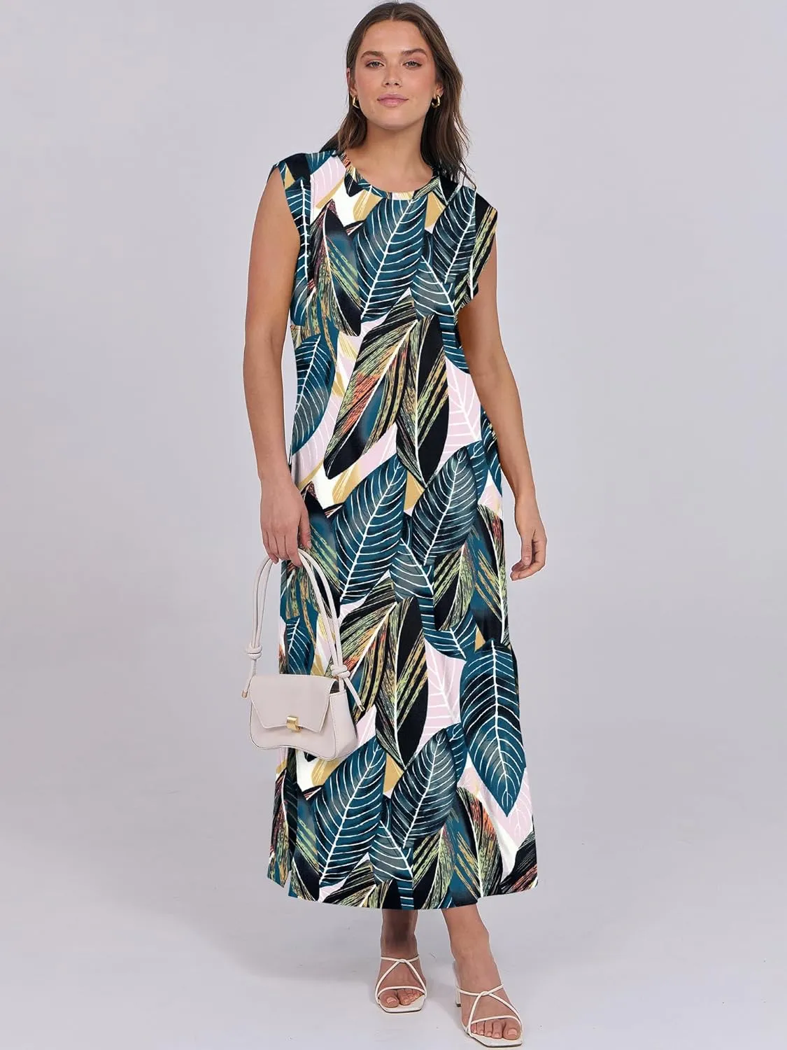 ANRABESS Womens Maxi Dresses 2025 Summer Casual Cap Sleeve Crew Neck Loose Split Beach Travel Long Shirt Sundress & Pockets