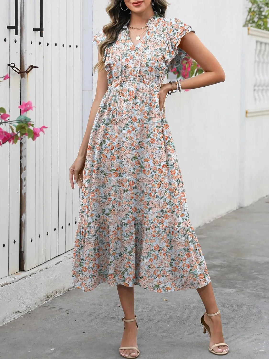 ANRABESS Womens Summer Casual Dresses Cap Sleeve V Neck Maxi Dress Flowy A Line Tiered Boho Beach Vacation Sundress