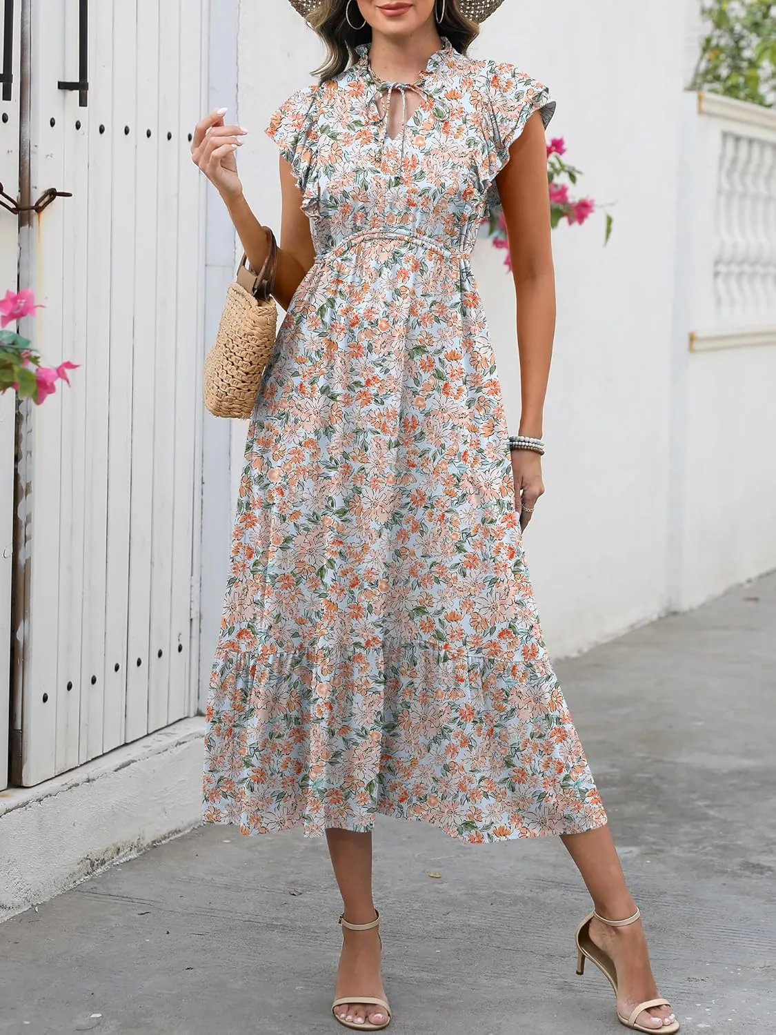 ANRABESS Womens Summer Casual Dresses Cap Sleeve V Neck Maxi Dress Flowy A Line Tiered Boho Beach Vacation Sundress