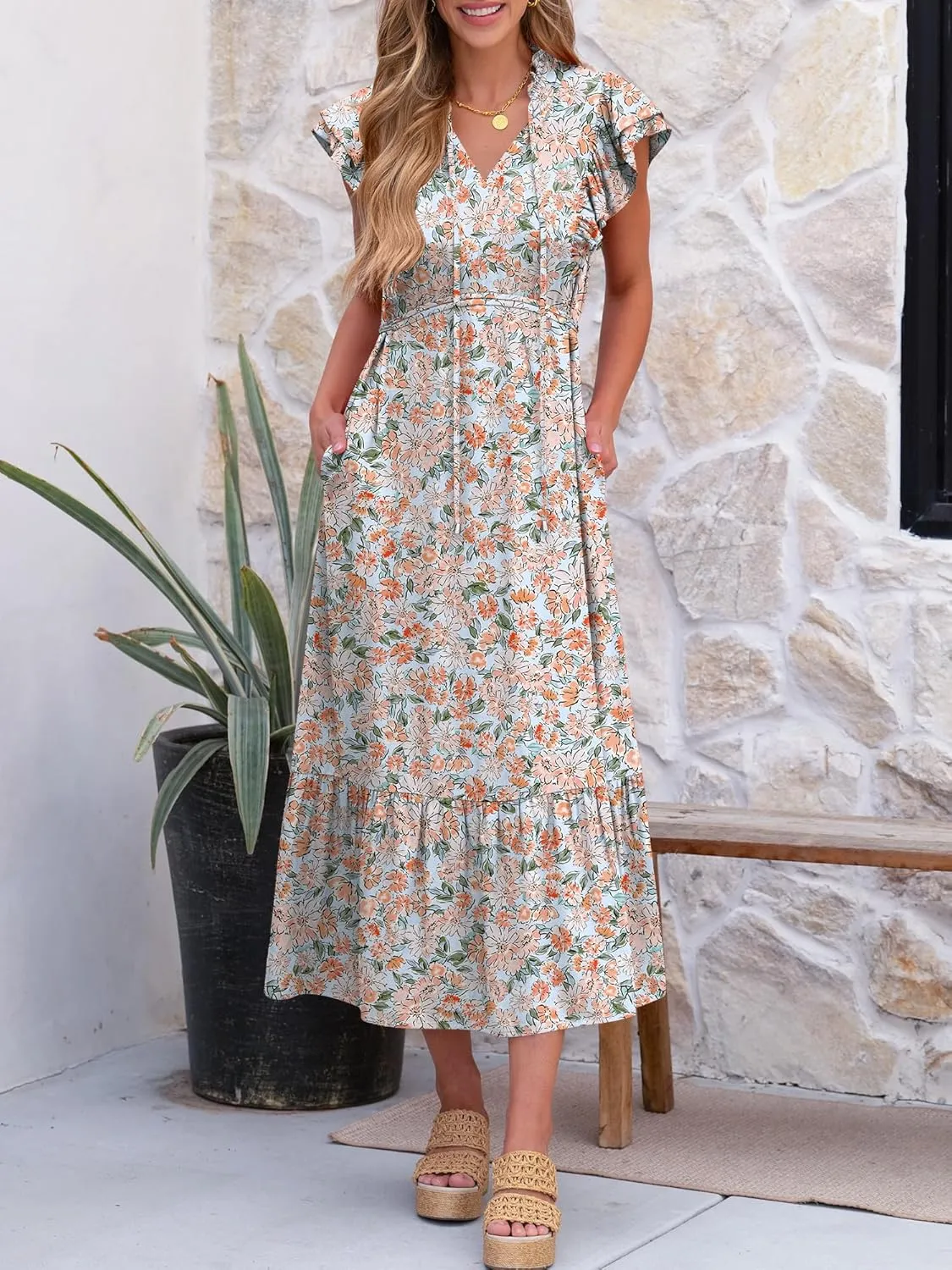 ANRABESS Womens Summer Casual Dresses Cap Sleeve V Neck Maxi Dress Flowy A Line Tiered Boho Beach Vacation Sundress