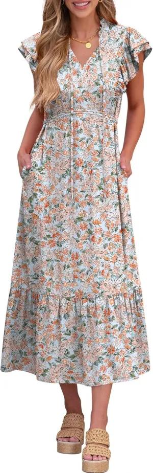 ANRABESS Womens Summer Casual Dresses Cap Sleeve V Neck Maxi Dress Flowy A Line Tiered Boho Beach Vacation Sundress