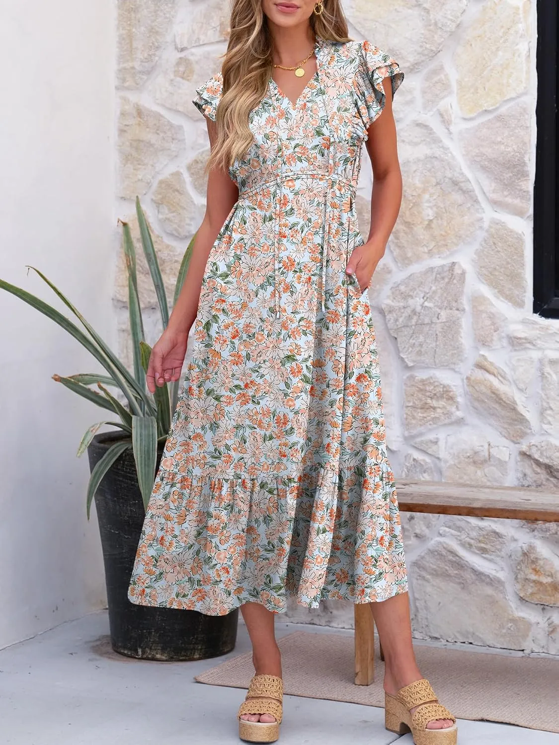 ANRABESS Womens Summer Casual Dresses Cap Sleeve V Neck Maxi Dress Flowy A Line Tiered Boho Beach Vacation Sundress