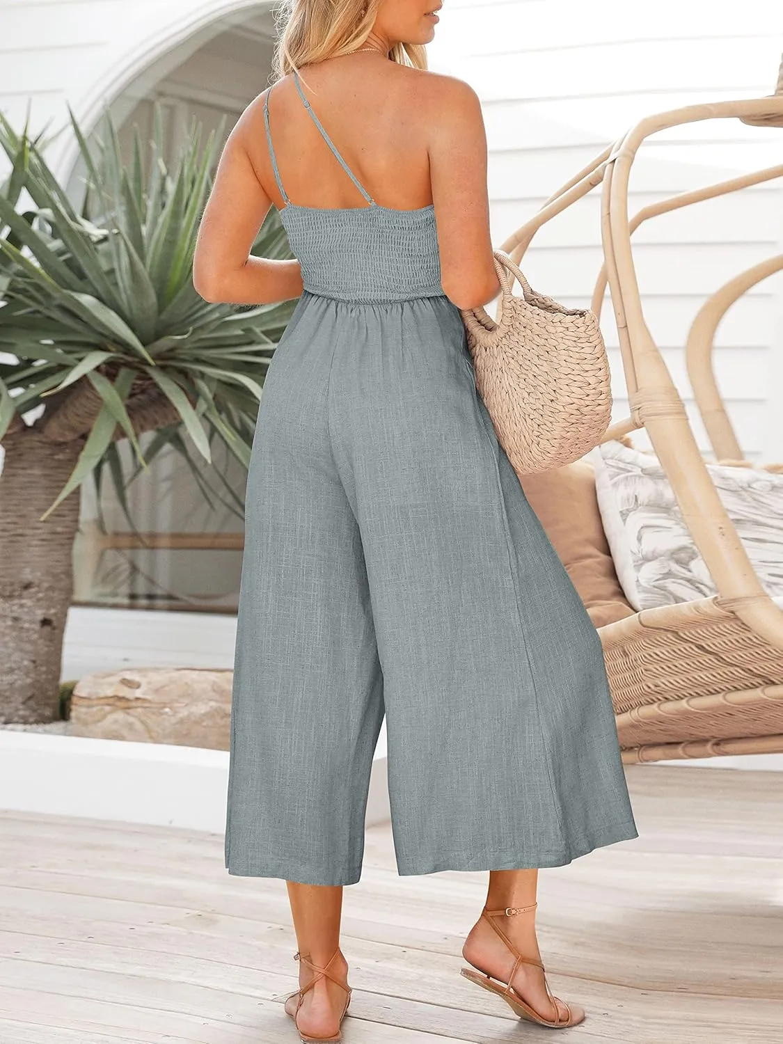 ANRABESS Women's Summer Straps One Shoulder High Waist Dressy Casual Wide Leg Linen Jumpsuit Romper Beach Travel Outfits