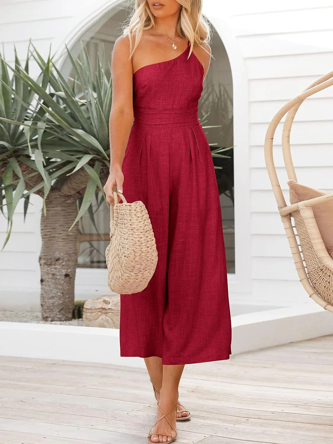 ANRABESS Women's Summer Straps One Shoulder High Waist Dressy Casual Wide Leg Linen Jumpsuit Romper Beach Travel Outfits