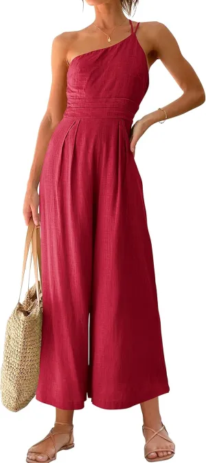 ANRABESS Women's Summer Straps One Shoulder High Waist Dressy Casual Wide Leg Linen Jumpsuit Romper Beach Travel Outfits