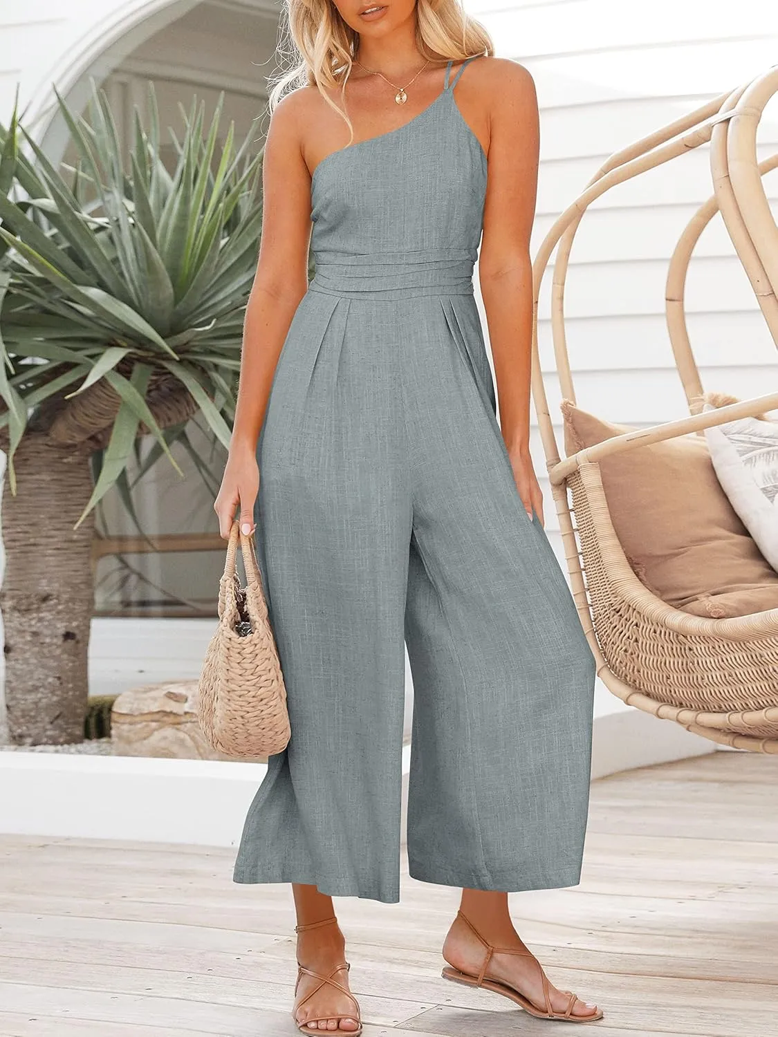 ANRABESS Women's Summer Straps One Shoulder High Waist Dressy Casual Wide Leg Linen Jumpsuit Romper Beach Travel Outfits