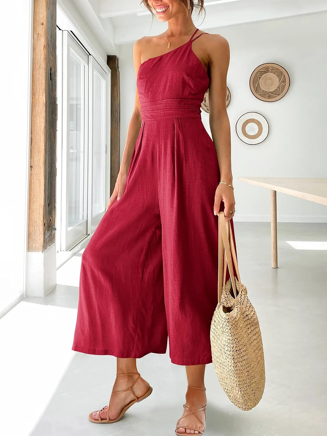 ANRABESS Women's Summer Straps One Shoulder High Waist Dressy Casual Wide Leg Linen Jumpsuit Romper Beach Travel Outfits
