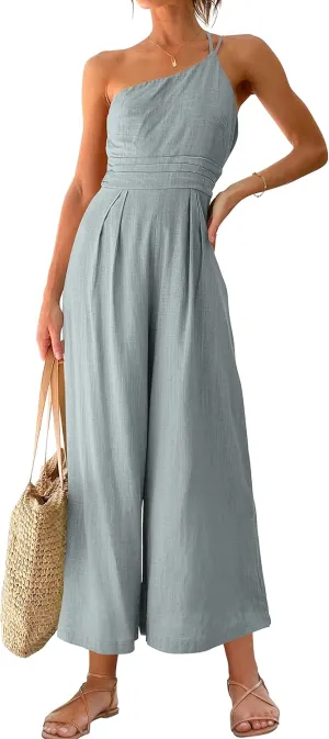 ANRABESS Women's Summer Straps One Shoulder High Waist Dressy Casual Wide Leg Linen Jumpsuit Romper Beach Travel Outfits