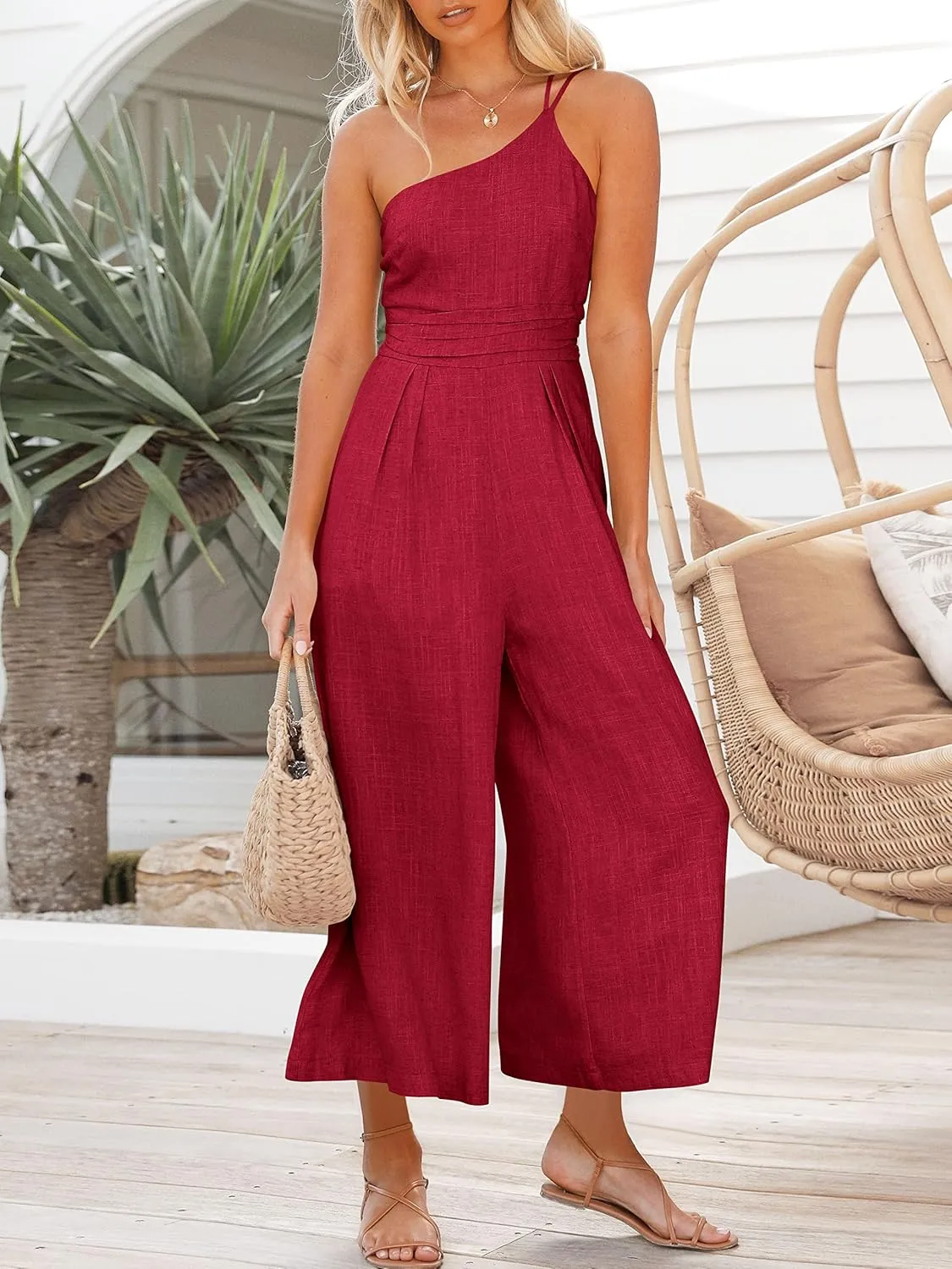 ANRABESS Women's Summer Straps One Shoulder High Waist Dressy Casual Wide Leg Linen Jumpsuit Romper Beach Travel Outfits