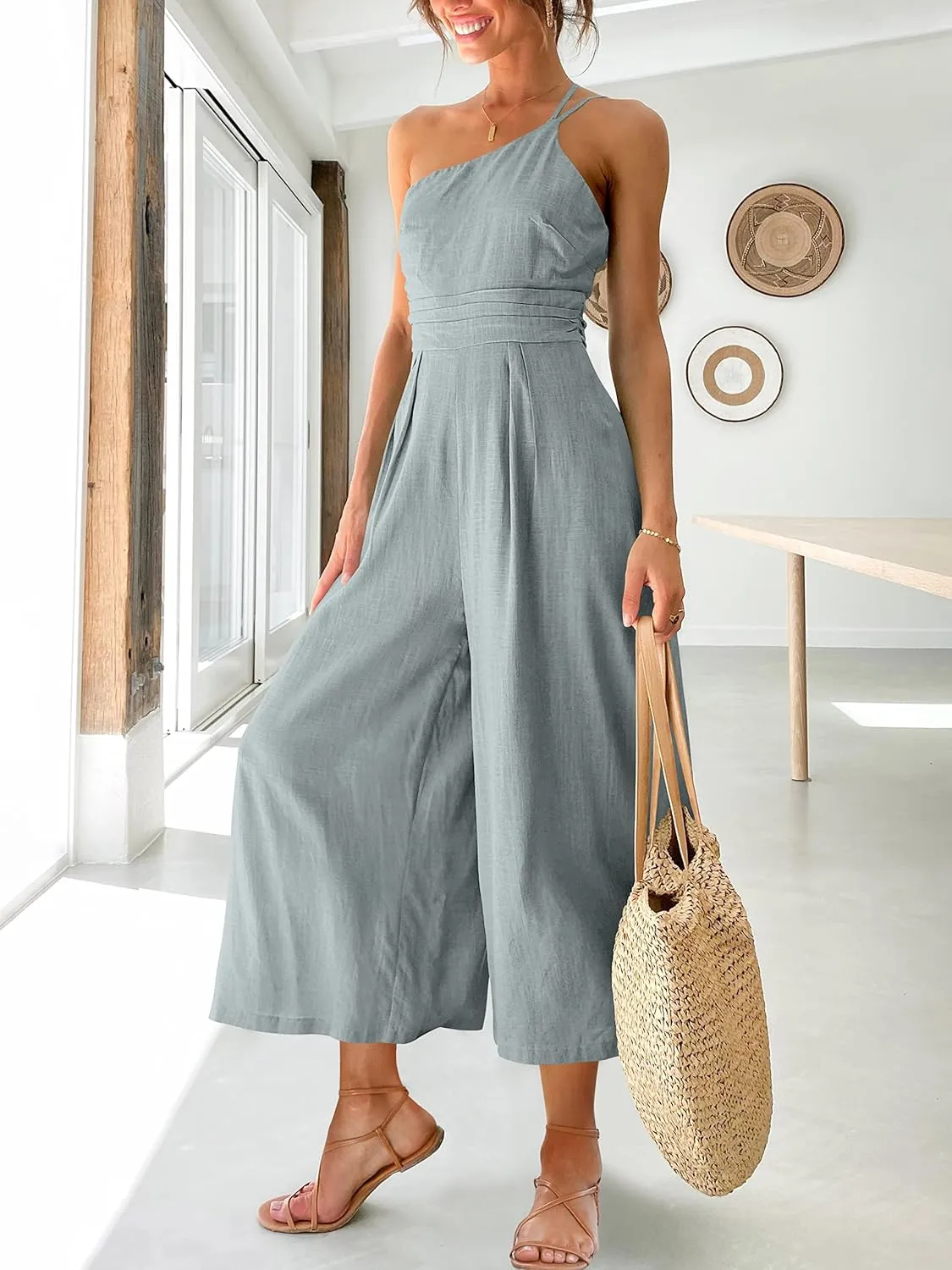ANRABESS Women's Summer Straps One Shoulder High Waist Dressy Casual Wide Leg Linen Jumpsuit Romper Beach Travel Outfits