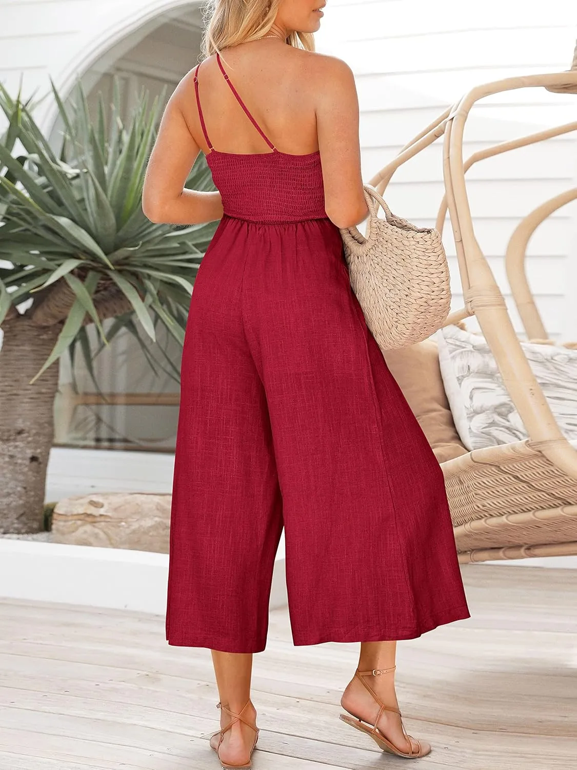 ANRABESS Women's Summer Straps One Shoulder High Waist Dressy Casual Wide Leg Linen Jumpsuit Romper Beach Travel Outfits