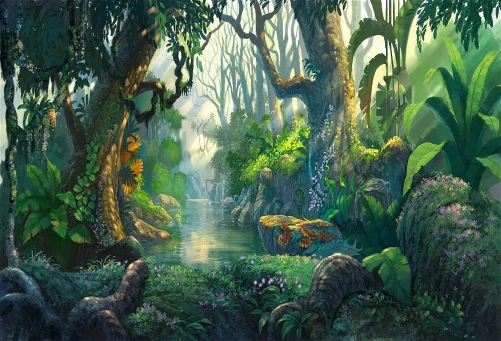 AOFOTO 10x7ft Fantastic Jungle Backdrop Cartoon Fairy Tales Forest River Tropical Rainforest Background Thicket Adventure Camping Safari Party Decorations Banner Kids Child Photoshoot Studio Props
