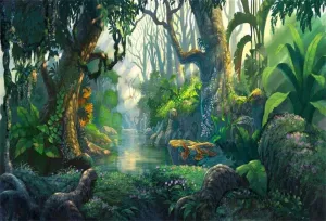 AOFOTO 10x7ft Fantastic Jungle Backdrop Cartoon Fairy Tales Forest River Tropical Rainforest Background Thicket Adventure Camping Safari Party Decorations Banner Kids Child Photoshoot Studio Props