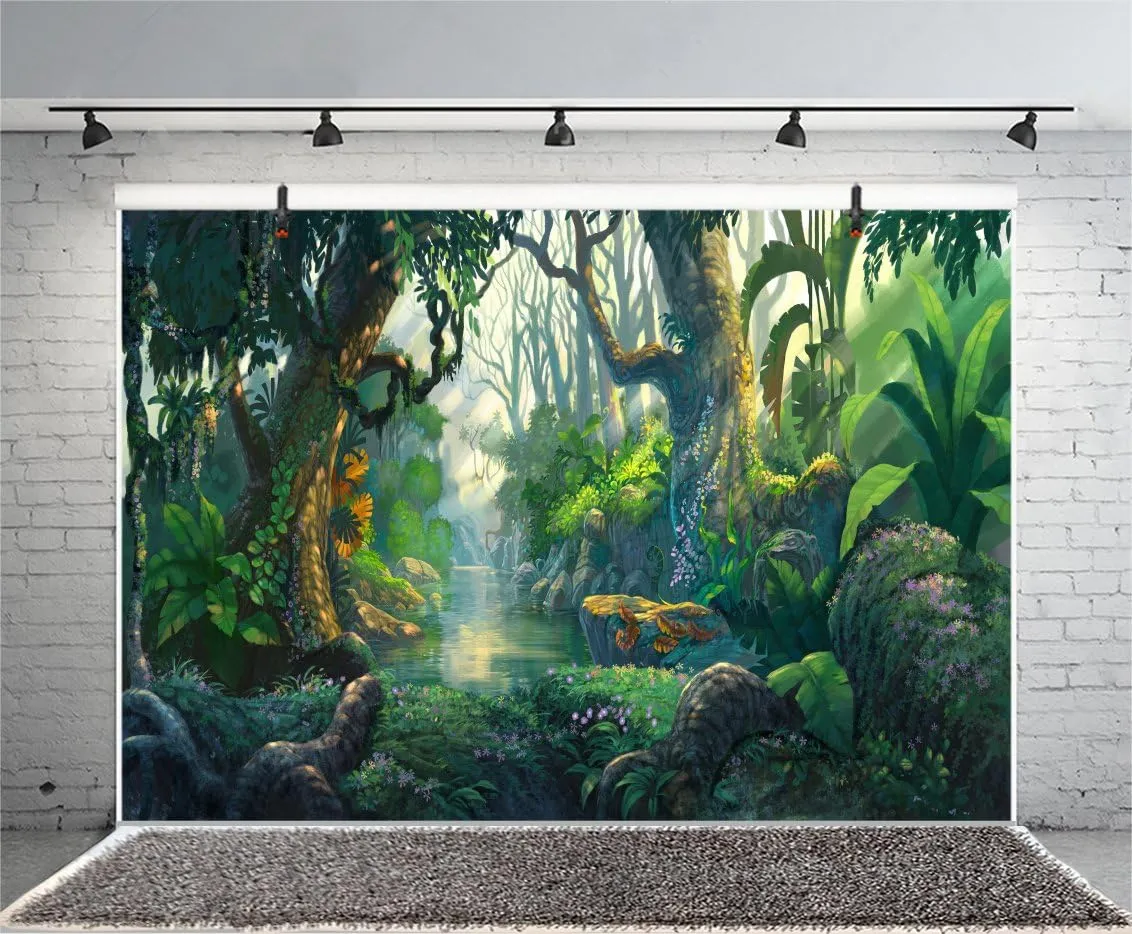 AOFOTO 10x7ft Fantastic Jungle Backdrop Cartoon Fairy Tales Forest River Tropical Rainforest Background Thicket Adventure Camping Safari Party Decorations Banner Kids Child Photoshoot Studio Props