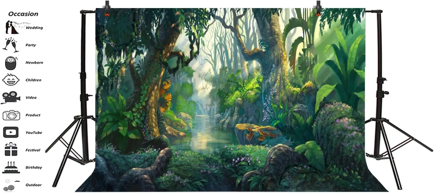 AOFOTO 10x7ft Fantastic Jungle Backdrop Cartoon Fairy Tales Forest River Tropical Rainforest Background Thicket Adventure Camping Safari Party Decorations Banner Kids Child Photoshoot Studio Props
