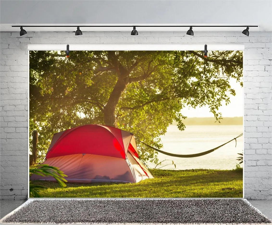 AOFOTO 7x5ft Lakeside Camping Backdrop Summer Camp Canvas Tent Hammock Photography Background Park Leisure Vacation Jungle Hiking Scouts Adventure Tree Suburbs Picnic Outdoor Campground Studio Props