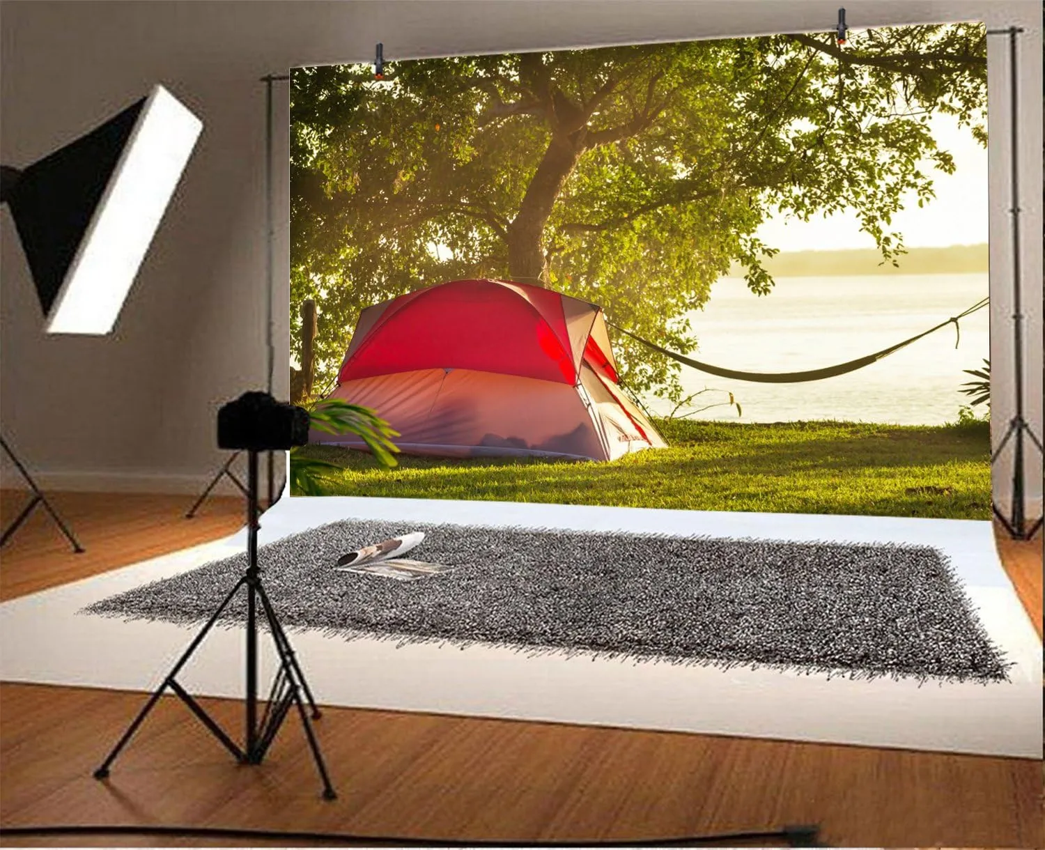 AOFOTO 7x5ft Lakeside Camping Backdrop Summer Camp Canvas Tent Hammock Photography Background Park Leisure Vacation Jungle Hiking Scouts Adventure Tree Suburbs Picnic Outdoor Campground Studio Props