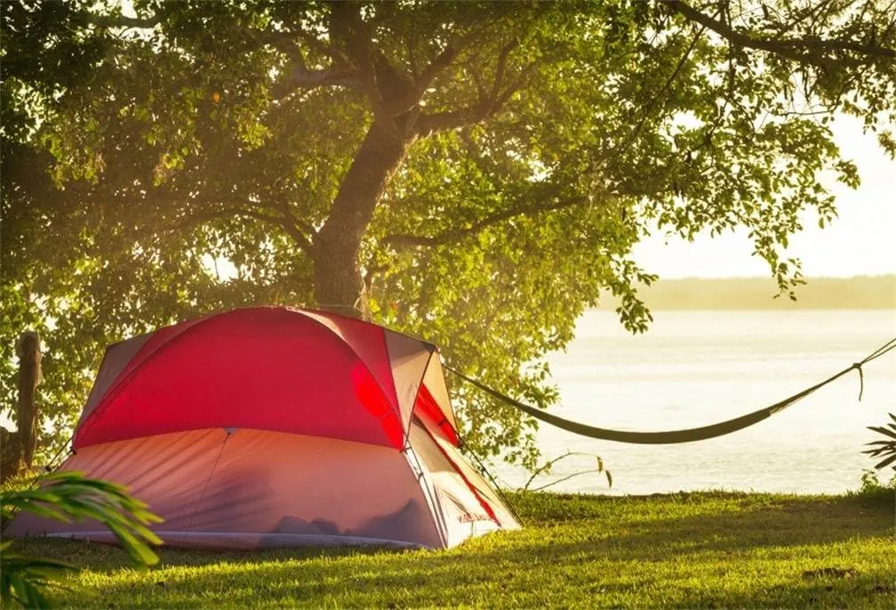 AOFOTO 7x5ft Lakeside Camping Backdrop Summer Camp Canvas Tent Hammock Photography Background Park Leisure Vacation Jungle Hiking Scouts Adventure Tree Suburbs Picnic Outdoor Campground Studio Props