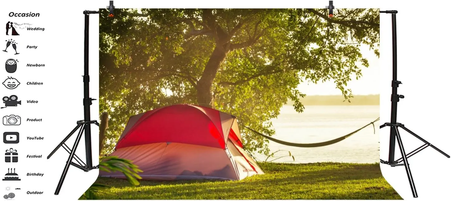 AOFOTO 7x5ft Lakeside Camping Backdrop Summer Camp Canvas Tent Hammock Photography Background Park Leisure Vacation Jungle Hiking Scouts Adventure Tree Suburbs Picnic Outdoor Campground Studio Props