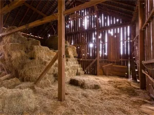 AOFOTO 8x6ft Barn Nativity Backdrop for Photography Rustic Farmhouse Manger Scene Birth of Jesus Christ Straw Hay Bales Background Rural Farm Haystack Christmas Party Decoration Photo Studio Props