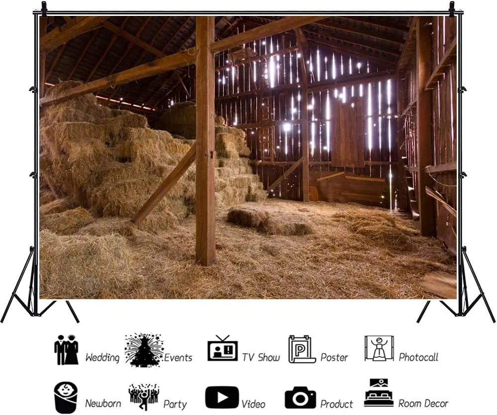 AOFOTO 8x6ft Barn Nativity Backdrop for Photography Rustic Farmhouse Manger Scene Birth of Jesus Christ Straw Hay Bales Background Rural Farm Haystack Christmas Party Decoration Photo Studio Props