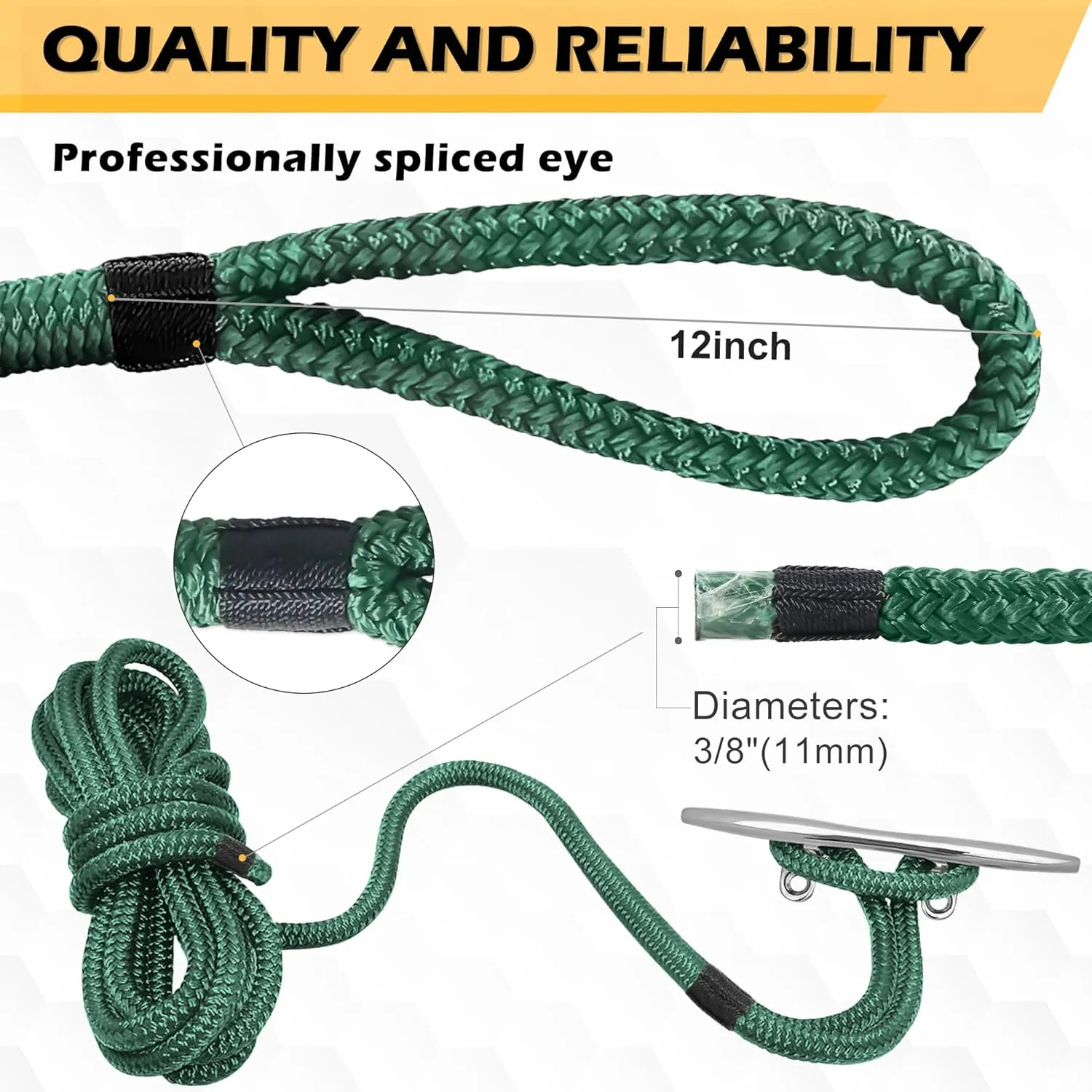 AOLEBA Boat Dock Lines 3/8'' x 15' Double Braided Nylon Green 4 Pack with Loop, Mooring Lines Marine Rope Set for Docking, Water Activities, Lashing Goods, Pulling Carts, Camping, Hiking