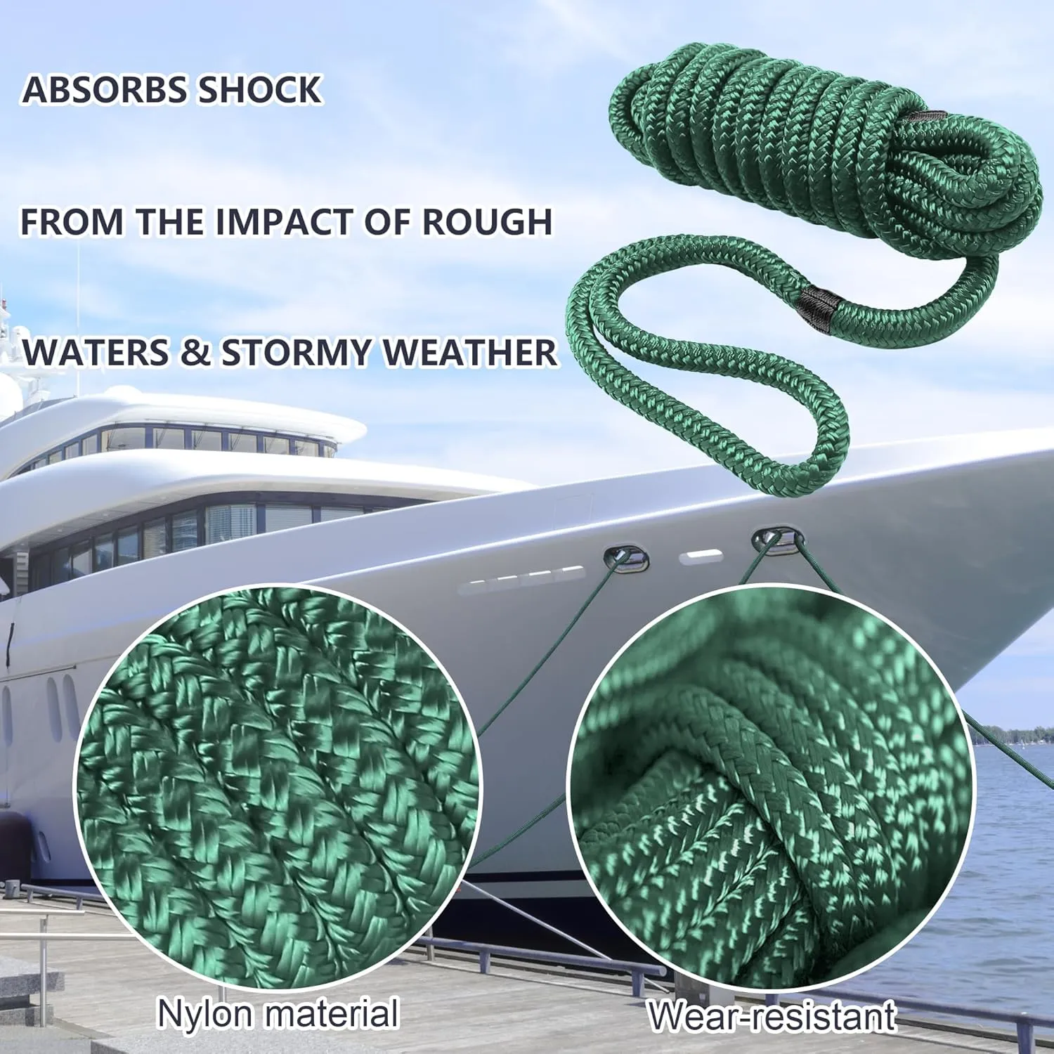 AOLEBA Boat Dock Lines 3/8'' x 15' Double Braided Nylon Green 4 Pack with Loop, Mooring Lines Marine Rope Set for Docking, Water Activities, Lashing Goods, Pulling Carts, Camping, Hiking