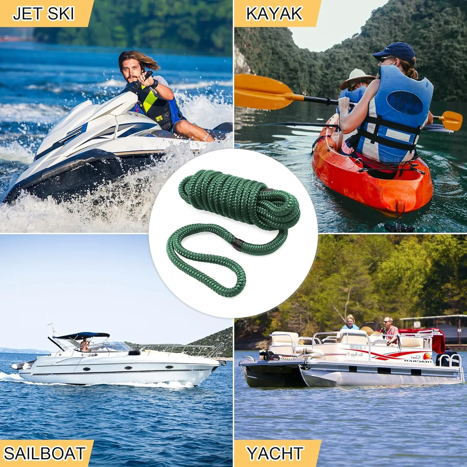 AOLEBA Boat Dock Lines 3/8'' x 15' Double Braided Nylon Green 4 Pack with Loop, Mooring Lines Marine Rope Set for Docking, Water Activities, Lashing Goods, Pulling Carts, Camping, Hiking