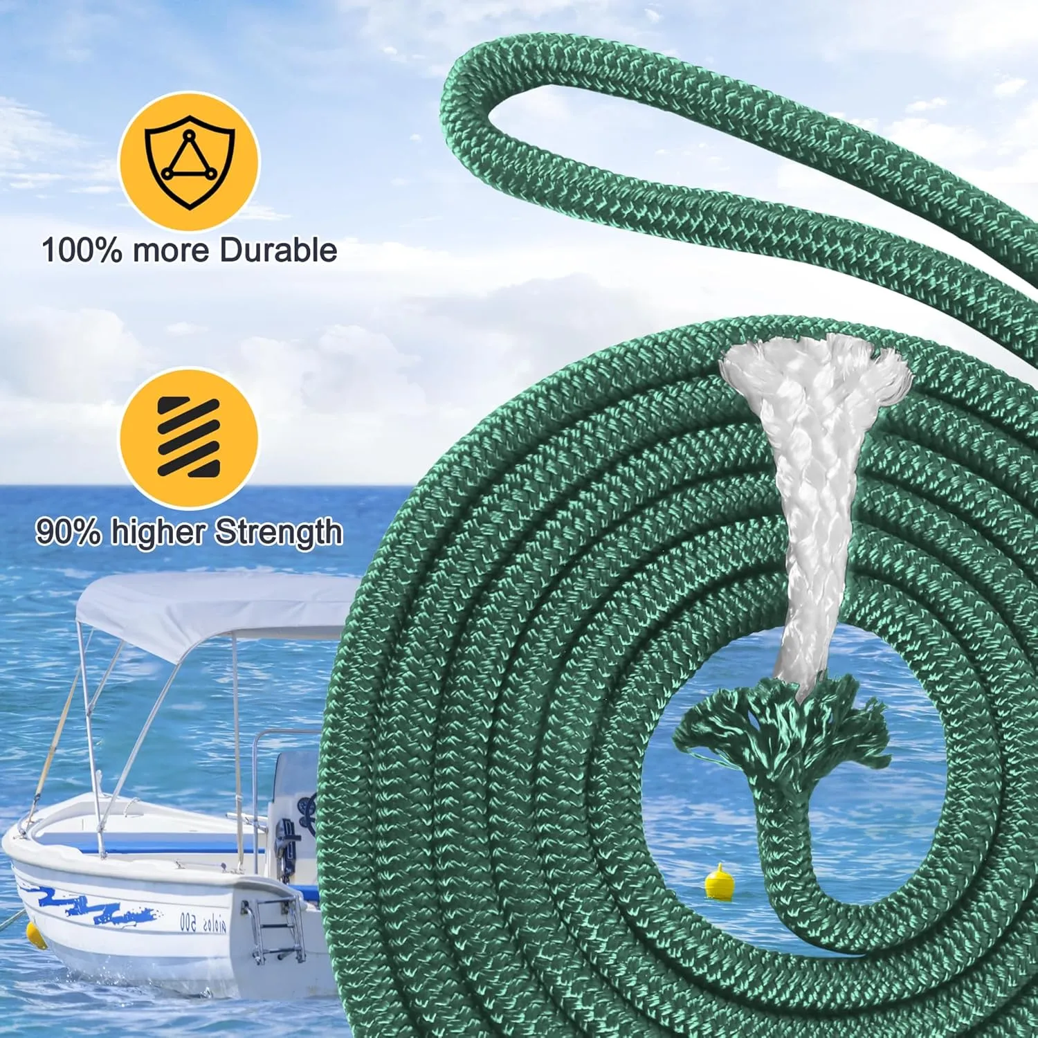 AOLEBA Boat Dock Lines 3/8'' x 15' Double Braided Nylon Green 4 Pack with Loop, Mooring Lines Marine Rope Set for Docking, Water Activities, Lashing Goods, Pulling Carts, Camping, Hiking
