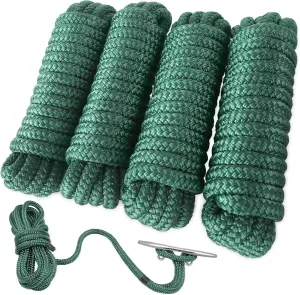 AOLEBA Boat Dock Lines 3/8'' x 15' Double Braided Nylon Green 4 Pack with Loop, Mooring Lines Marine Rope Set for Docking, Water Activities, Lashing Goods, Pulling Carts, Camping, Hiking
