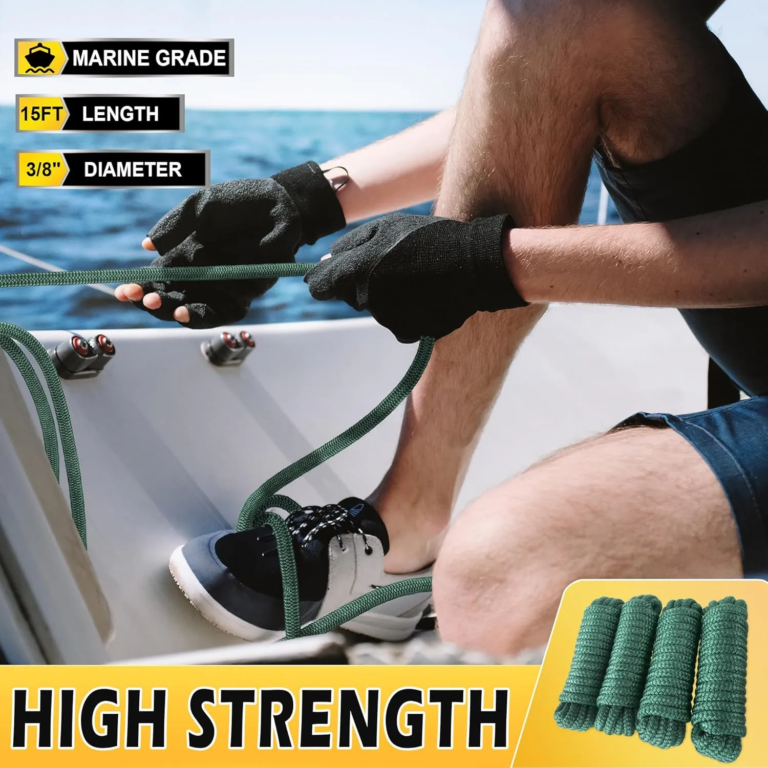 AOLEBA Boat Dock Lines 3/8'' x 15' Double Braided Nylon Green 4 Pack with Loop, Mooring Lines Marine Rope Set for Docking, Water Activities, Lashing Goods, Pulling Carts, Camping, Hiking