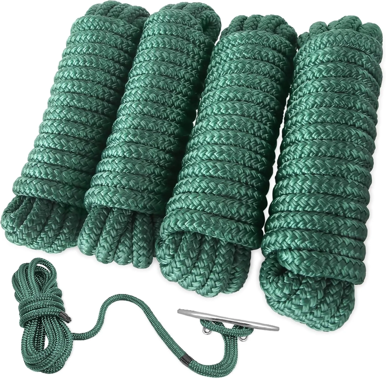 AOLEBA Boat Dock Lines 3/8'' x 15' Double Braided Nylon Green 4 Pack with Loop, Mooring Lines Marine Rope Set for Docking, Water Activities, Lashing Goods, Pulling Carts, Camping, Hiking