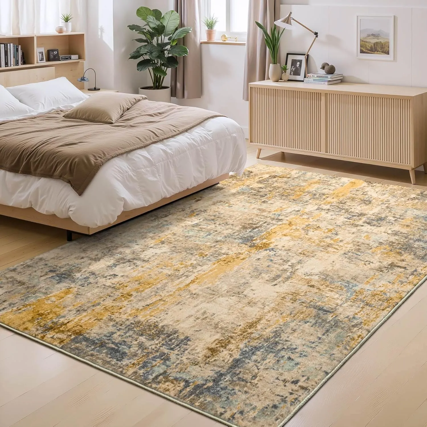 Area Rug 4x6 Beige Rug Washable Boho Rugs Non Slip Low Pile Abstract Small Carpet for Entryway, Bedroom, Kitchen, Classroom, Kids Room, Office, Dorm, Dining Room Light Tan