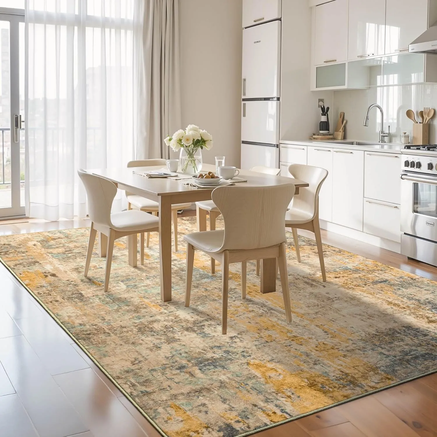 Area Rug 4x6 Beige Rug Washable Boho Rugs Non Slip Low Pile Abstract Small Carpet for Entryway, Bedroom, Kitchen, Classroom, Kids Room, Office, Dorm, Dining Room Light Tan