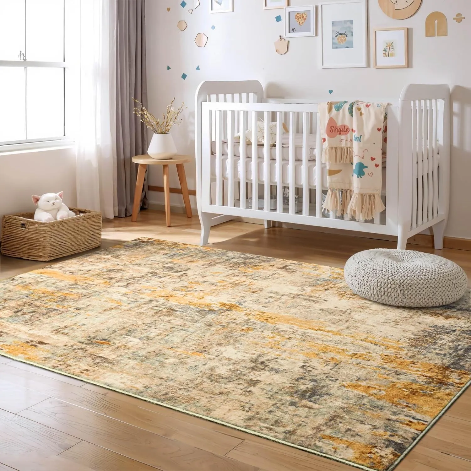 Area Rug 4x6 Beige Rug Washable Boho Rugs Non Slip Low Pile Abstract Small Carpet for Entryway, Bedroom, Kitchen, Classroom, Kids Room, Office, Dorm, Dining Room Light Tan