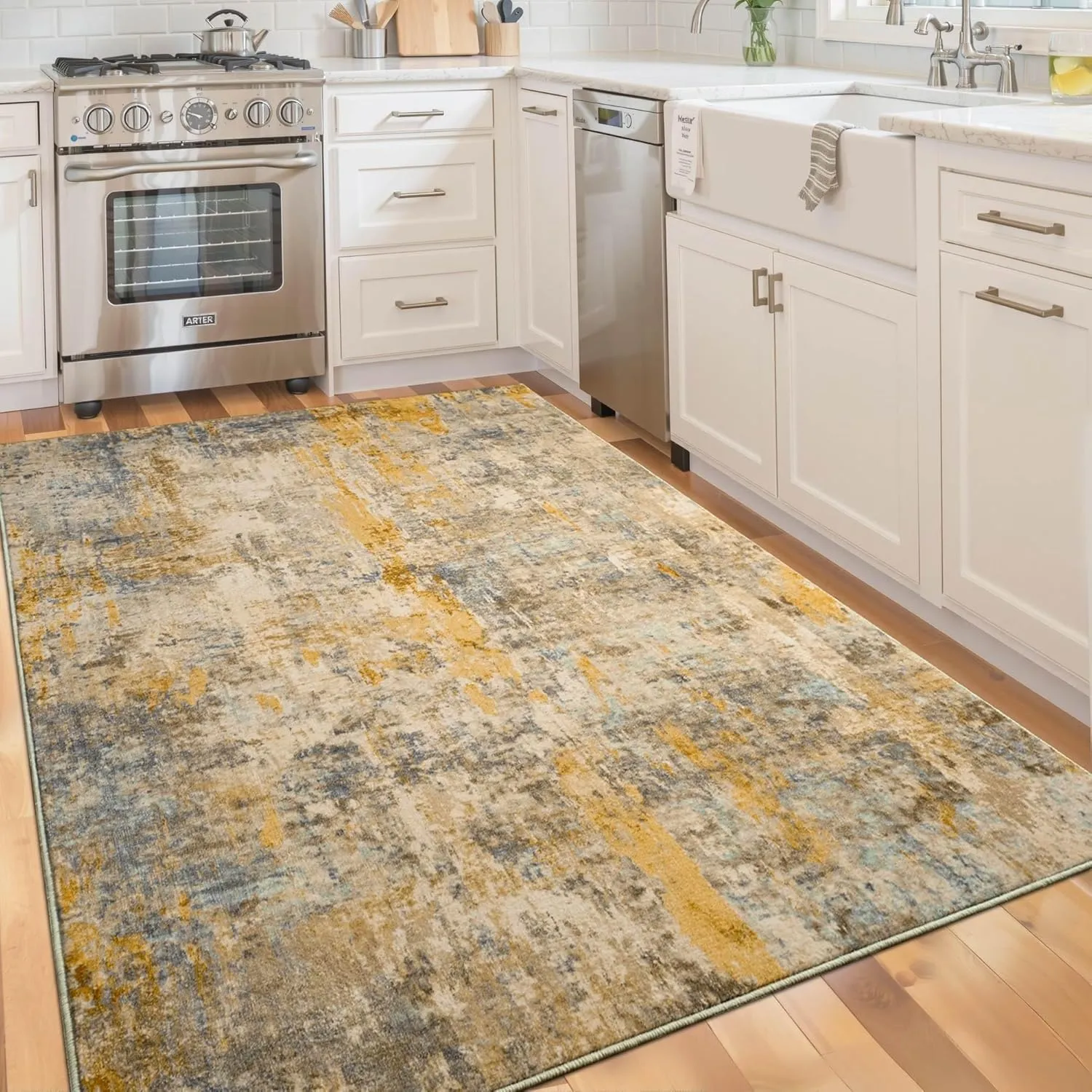Area Rug 4x6 Beige Rug Washable Boho Rugs Non Slip Low Pile Abstract Small Carpet for Entryway, Bedroom, Kitchen, Classroom, Kids Room, Office, Dorm, Dining Room Light Tan