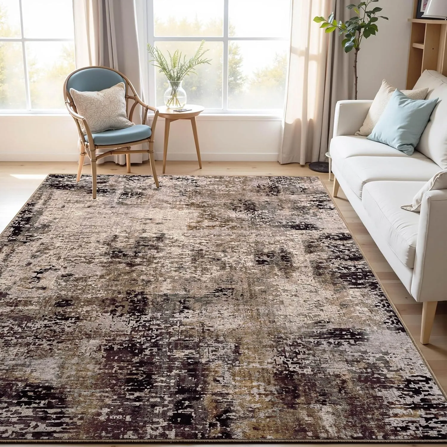 Area Rug 4x6 Brown Rug Washable Boho Rugs Non Slip Low Pile Abstract Coffee Small Carpet for Entryway, Bedroom, Kitchen, Classroom, Kids Room, Office, Dorm, Dining Room